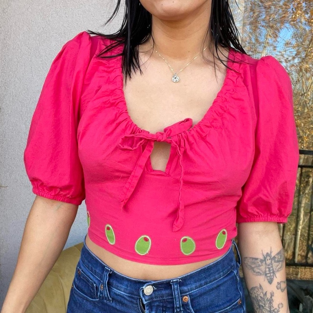 Olive Handmade Patches on a Puff Sleeve Red Blouse with Bow